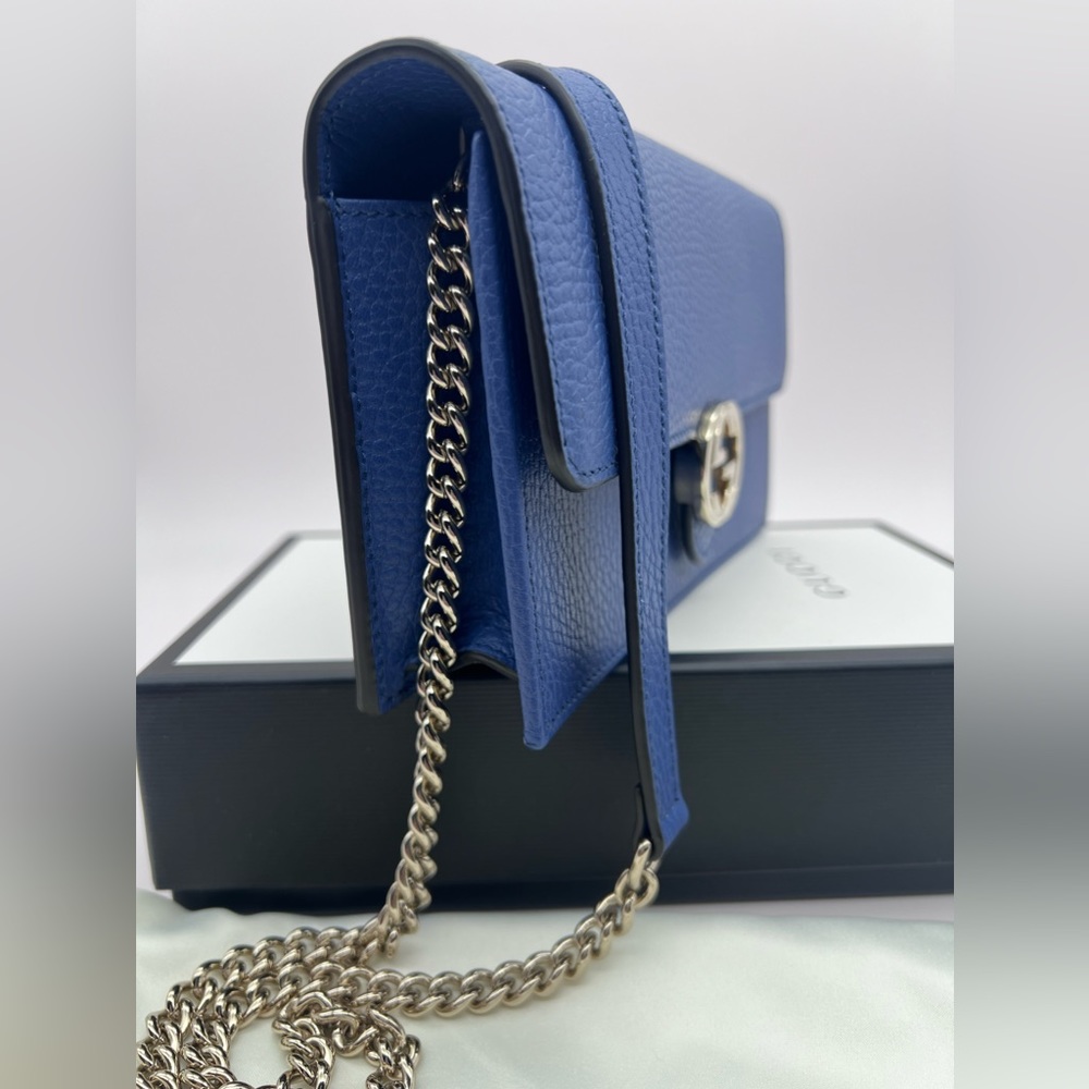 ❌SOLD❌NWT Gucci Dollar Calfskin Interlocking G Chain Wallet Bag Caspian Blue - Picture 3 of 13